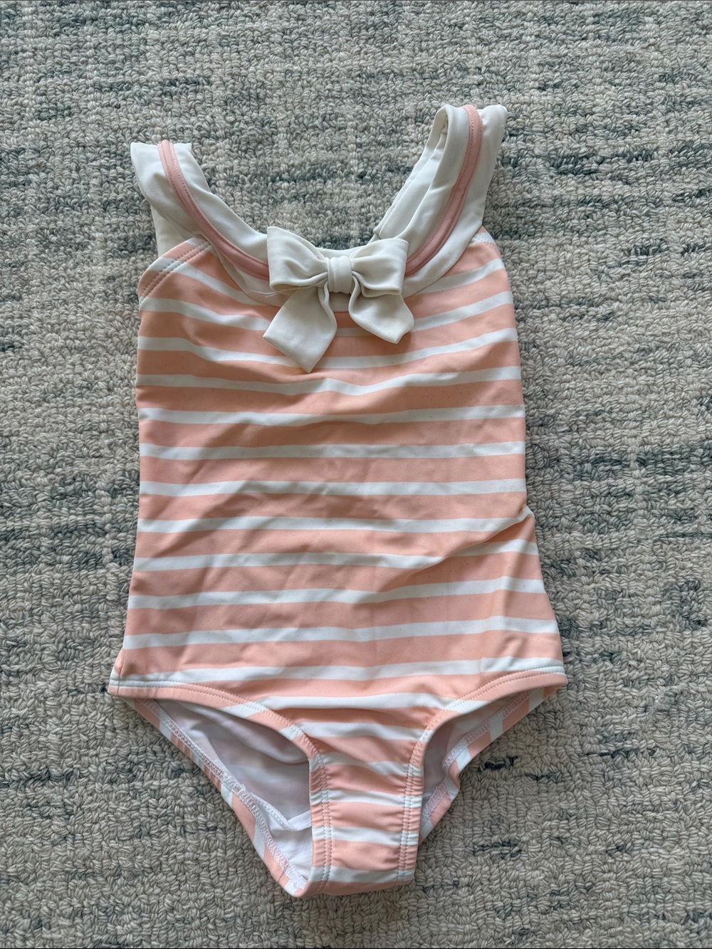 Girls Peach & White Stripe One-Piece Swimsuit with Bow